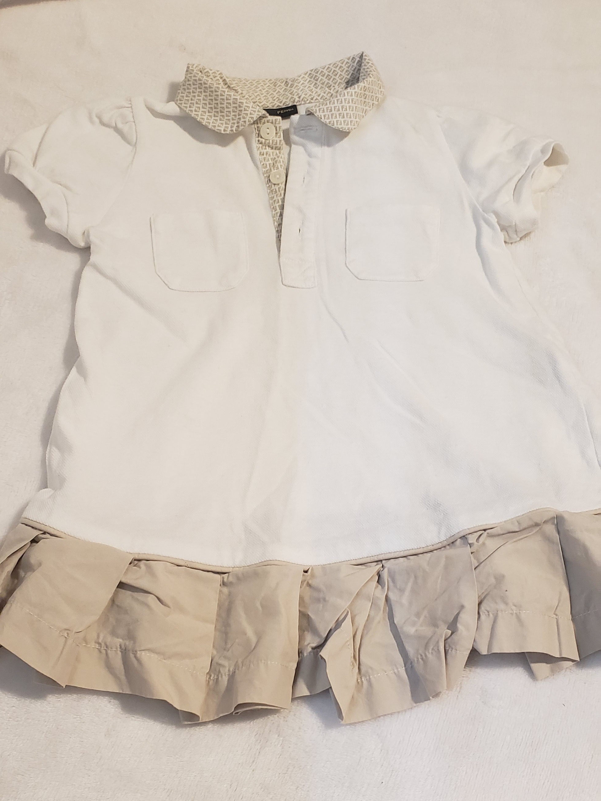 Fendi White Polo Top With Beige Trim And Ruffle Hem
